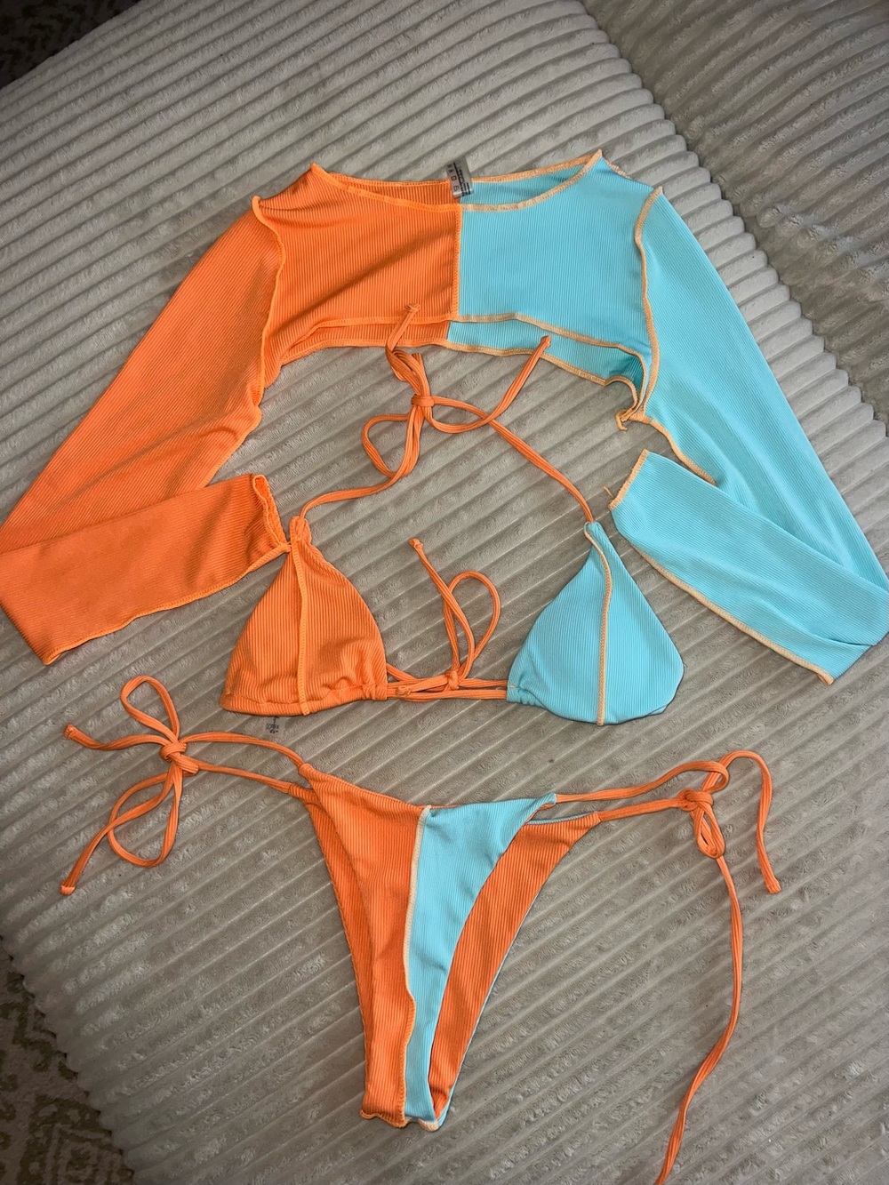 Zaful Orange and Light Blue Colorblock Ribbed Bikini Set
